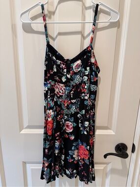 Express Black Floral Button-Front Dress with Multicolor Blooms